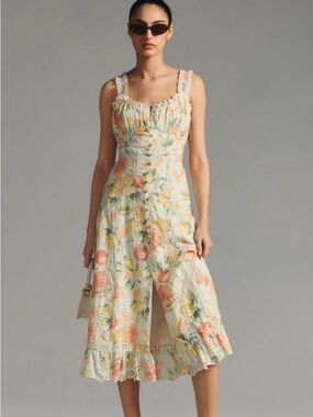 Anthropologie Floral Lace-Trim Midi Dress in citrus print